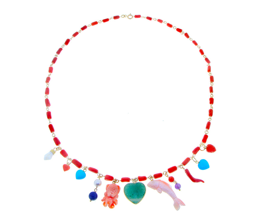 Yellow gold coral or turquois necklaces with charms