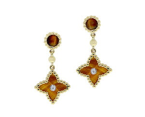 Yellow gold earrings with tiger eye and diamond star charms