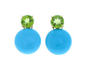 Yellow gold earrings with cabochon cut turquois and peridots