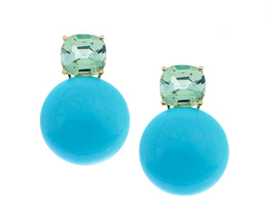 Yellow gold earrings with cabochon cut turquoise and tourmalines