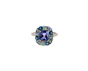 Rose gold diamond ring with iolite and topaz