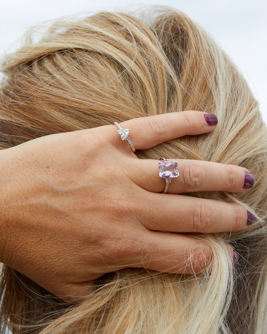 White gold ring with amethyst, pink sapphire and diamond