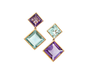 Yellow gold earrings with aquamarine and pink amethyst pendants
