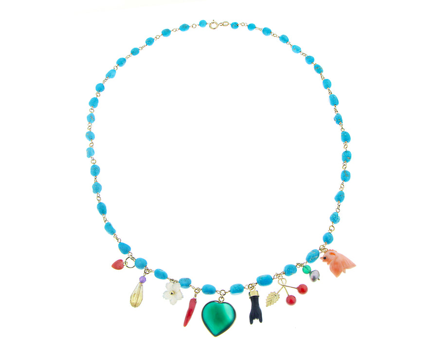Yellow gold coral or turquois necklaces with charms
