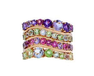Rose gold ring with amethyst, rhodolite, tourmaline, quartz and peridot