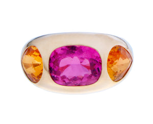 Rose gold ring pink tourmaline with two spessartite garnets