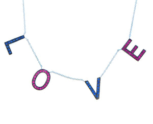 White gold L-O-V-E necklace with rubies and sapphires