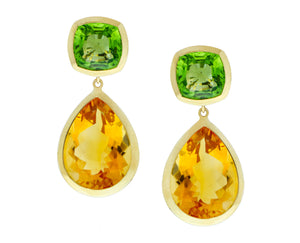 Yellow gold earrings with peridot and citrine