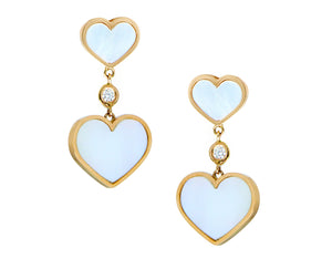 Yellow gold earrings with diamonds and white mother of pearl hearts