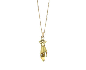 Yellow gold necklace hand pendant with a small pearl