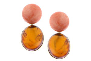 Yellow gold earrings with cabochon cut coral and amber pendants