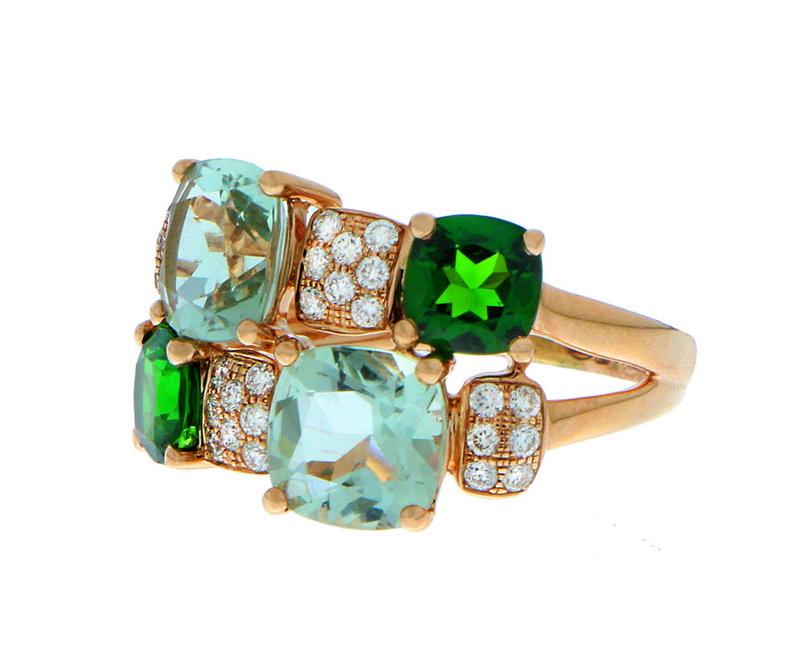 Rose gold ring with green quartz, diopside and diamonds