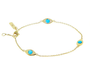 Yellow gold bracelet with three turquois eye charms