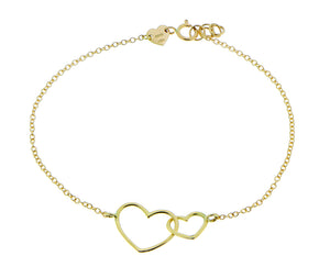 Yellow gold bracelet with two heart charms