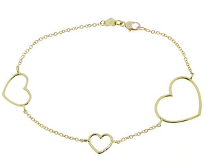 Yellow gold bracelet with 3 open hearts charms