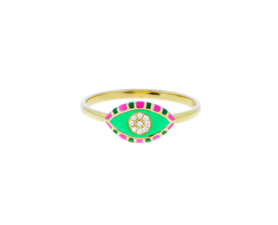 Yellow gold eye ring with enamel and diamonds
