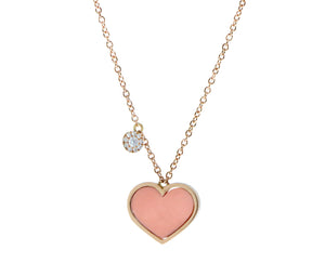 Rose gold necklace with a coral heart and a pendant set with diamonds