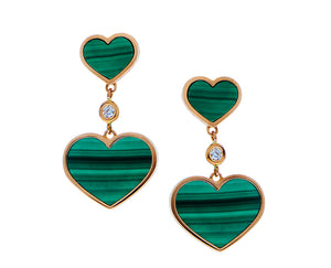 Rose gold earrings with diamonds and malachite hearts