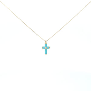 Yellow gold necklace with and turquois enamel and diamond cross pendant