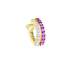 Yellow gold single earcuff with diamonds and pink sapphires