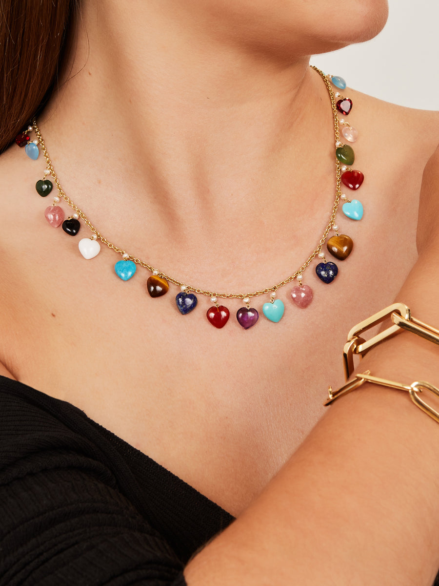 Necklace with heart shaped gemstones