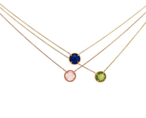 Yellow and rose gold necklaces with a rose quartz, lapis lazuli or peridot pendant