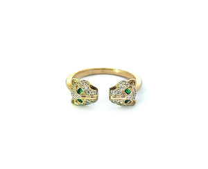 Yellow gold ring two diamond tiger heads with eyes of tsavorite