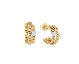 Yellow gold triple tubo earrings with a diamond square piece
