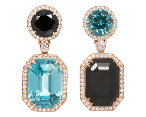 Blue zircon and black spinel ear rings