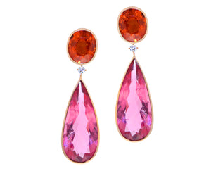 Rose gold earrings with orange spessartite garnets, diamonds and rubellites