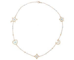 Rose gold necklace with mother of pearl or malachite and diamond charms