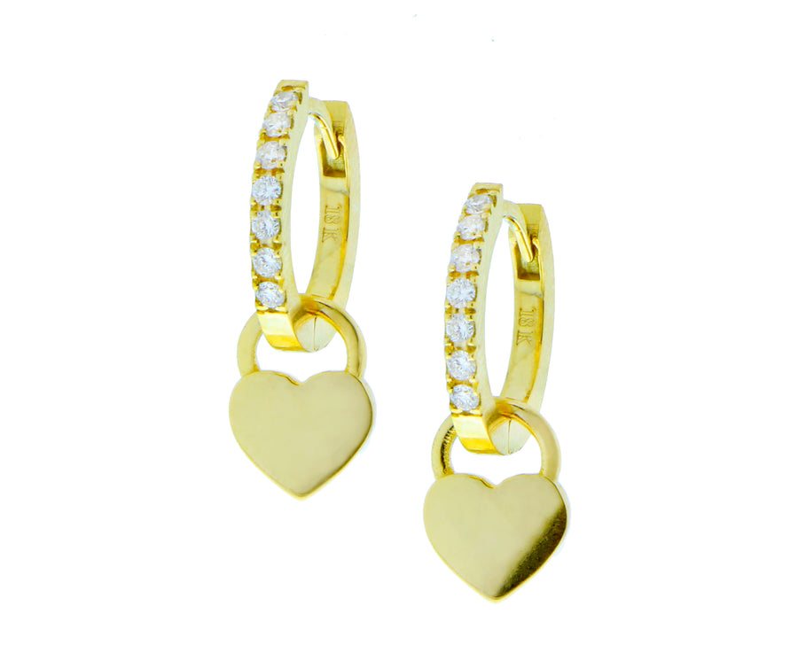 Yellow gold and diamond small hoop earrings with black enamel heart pendants