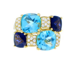 Yellow gold ring with diamonds, iolite and blue topaz