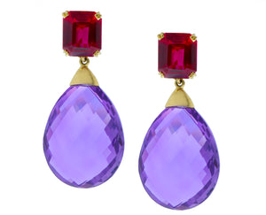 Yellow gold earrings synthetic ruby and amethyst
