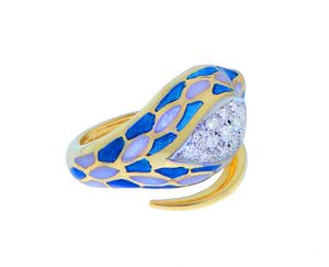 Yellow gold snake ring with diamonds and ennamel