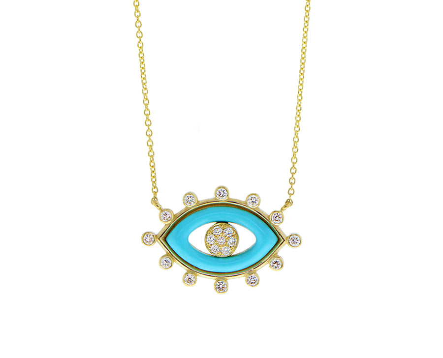 Yellow gold necklace with a diamond, red or turquois enamel eye charm
