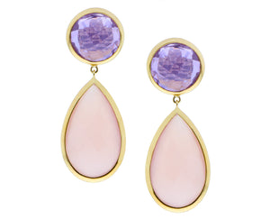 Yellow gold earrings with amethyst and rose quartz
