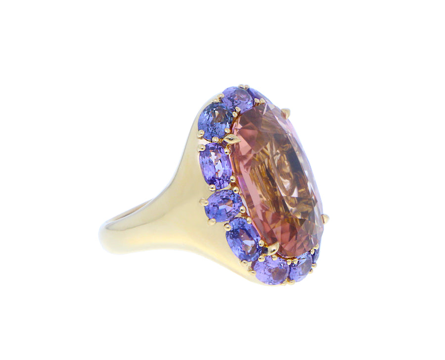 Yellow gold ring pink tourmaline, purple blue sapphires and tsavorite garnets