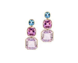 Yellow gold earrings with blue topaz, kunzite and pink tourmaline