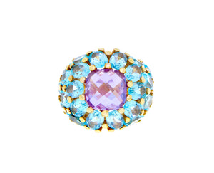 Yellow gold ring with amethyst and topaz