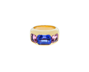 Yellow gold gypsy ring with tanzanite and pink tourmaline