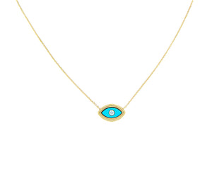 Yellow gold necklace with an turquois and diamond eye