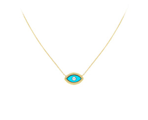 Yellow gold necklace with an turquois and diamond eye