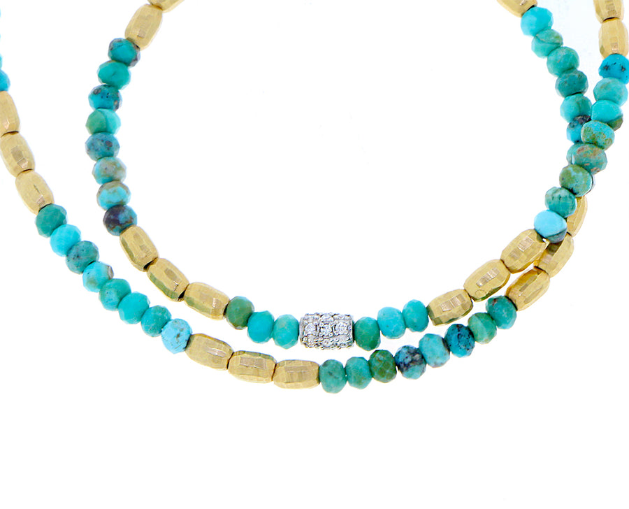 Yellow gold bead necklace with lapis lazuli or turquois and diamonds