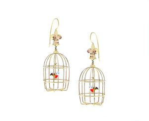 Yellow gold and enamel birdcage earrings