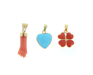 Yellow gold turquoise and coral charms