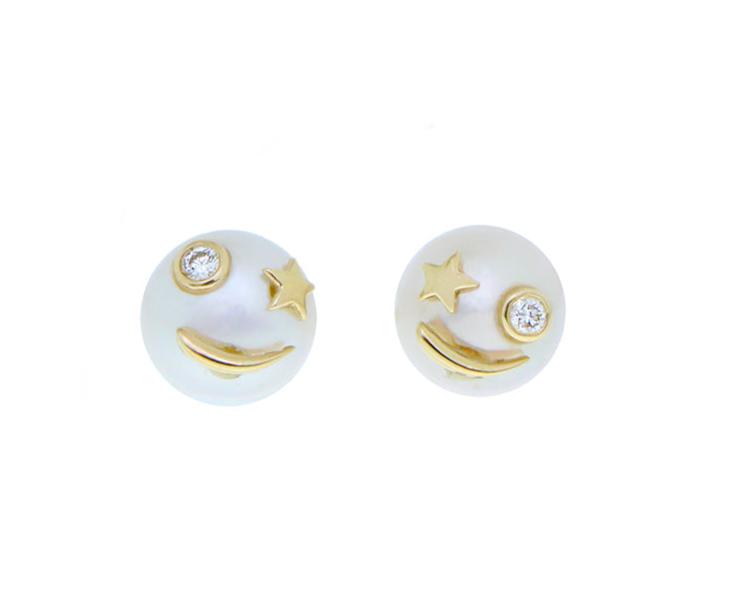 Yellow gold pearl studs with diamond eye smileys or cats ears