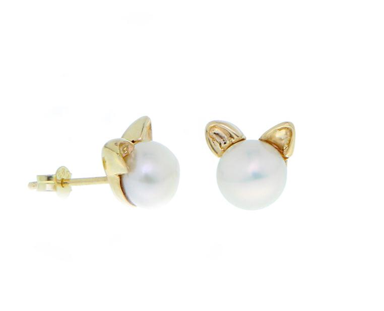 Yellow gold pearl studs with diamond eye smileys or cats ears