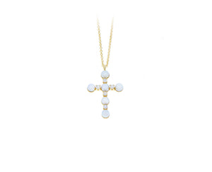 Yellow gold necklace with a diamond and pearl cross pendant