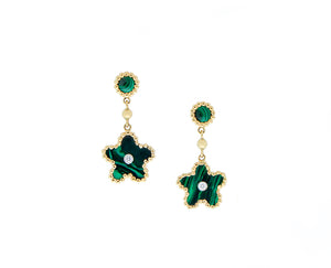 Yellow gold and malachite flower earrings with small diamonds